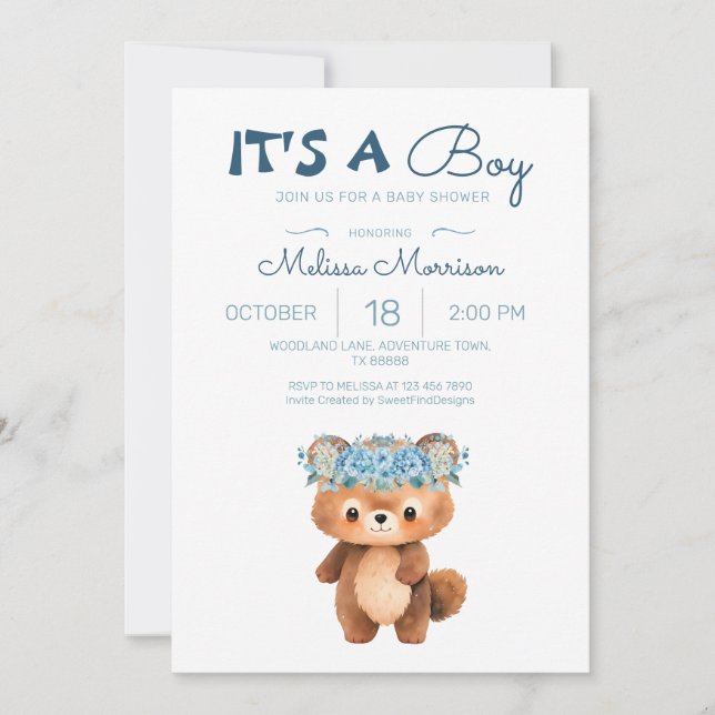 It's a boy Bear Cute Bear Blue Baby Boy Shower Invitation (Front)