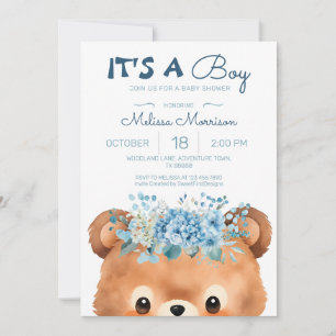 It's a boy Bear Floral Blue Baby Shower Invitation