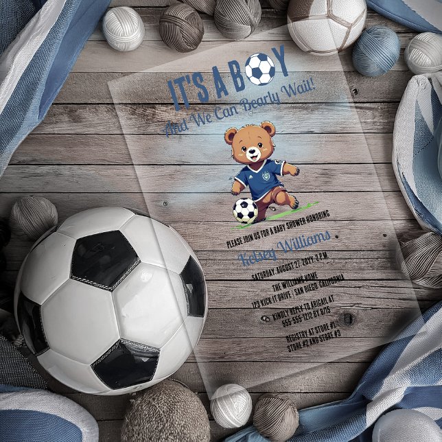 It's A Boy Bearly Wait Soccer Player Baby Shower Acrylic Invitations ("It's A Boy and We Can Bearly Wait!" Teddy Bear Soccer Player Boy Baby Shower Invitation)
