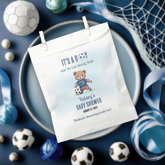 It's A Boy Bearly Wait Soccer Player Baby Shower Favour Bags (Cute Blue "It's A Boy and We Can Bearly Wait!" Teddy Bear Soccer Player Boy Baby Shower Favor Bag)
