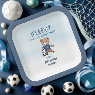 It's A Boy Bearly Wait Soccer Player Baby Shower Paper Plate