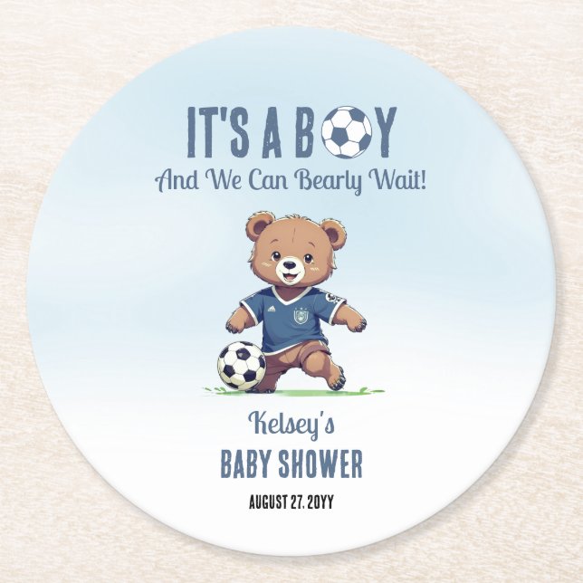 It's A Boy Bearly Wait Soccer Player Baby Shower Round Paper Coaster (Front)