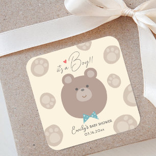 It's a Boy Beary Cute Brown Teddy Bear Baby Shower Square Sticker