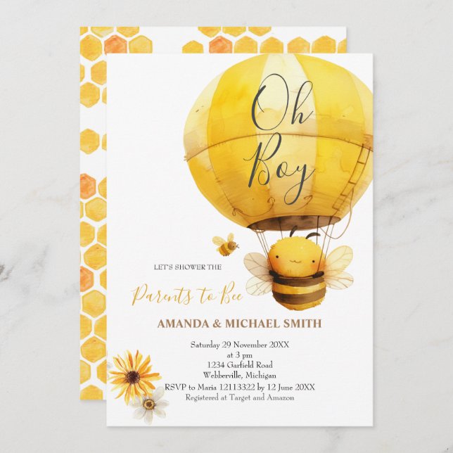 it's a boy Bee Watercolor Baby Shower Invitation (Front/Back)