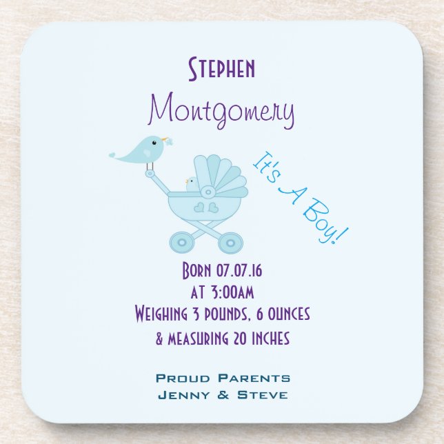 It's A Boy Birth Announcement Baby Bird Coaster (Front)