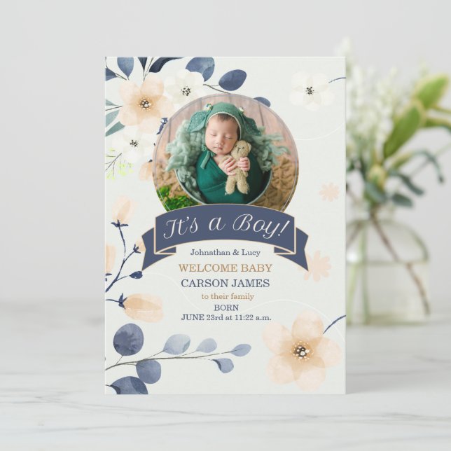 It's a Boy Birth Blue and Yellow Blossoms Announcement (Standing Front)