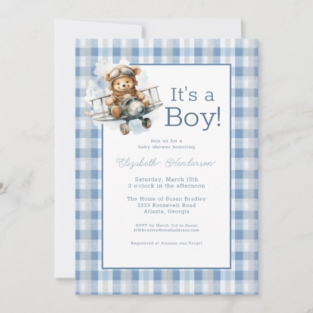 It's a Boy Blue Airplane Baby Shower Invitation (Front)