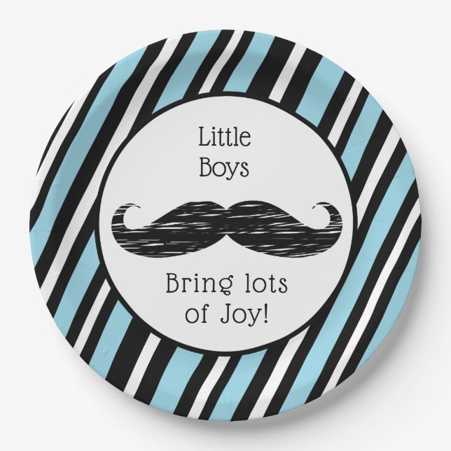 Its a boy, Blue and Black Moustache Baby Shower Paper Plate (Front)