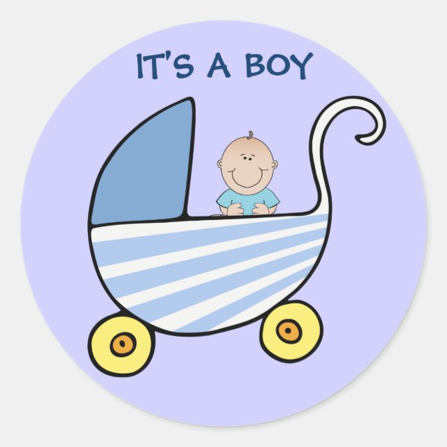 It's A Boy Blue Baby Carriage Shower Announcement Classic Round Sticker (Front)