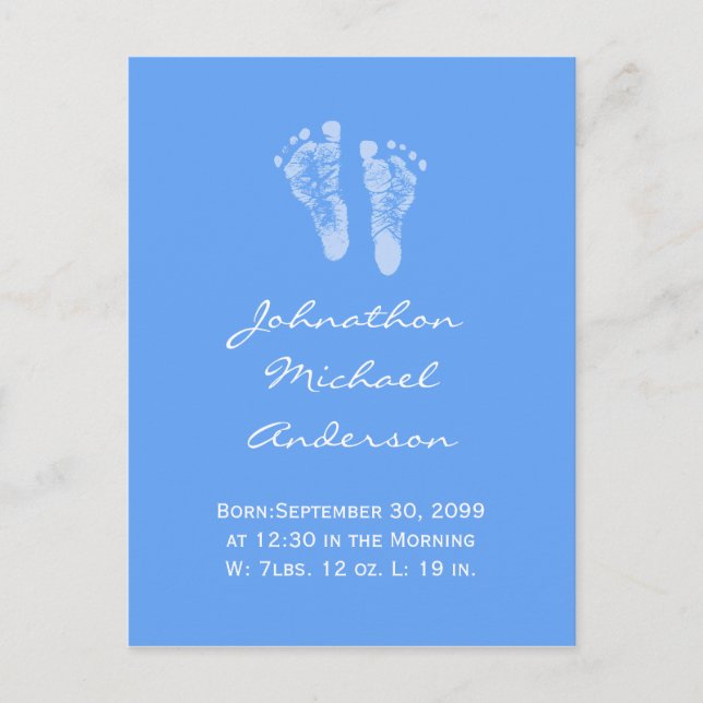 Its a Boy Blue Baby Footprints Birth Announcement Postcard (Front)