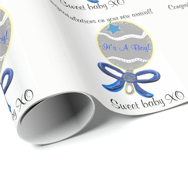 It's A Boy Blue Baby Rattle Wrapping Paper (Roll Corner)