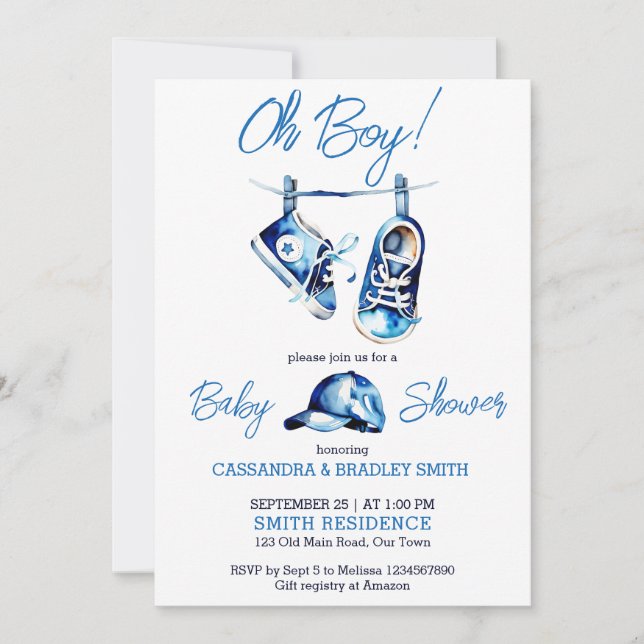 It's a boy blue baby shoes a cap simple modern invitation (Front)