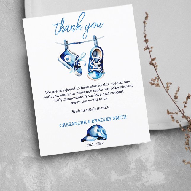 It's a boy blue baby shoes a cap thank you card (Baby shower thank you card baby boy blue sneakers on a line for boys baby shower thank you card)