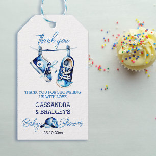 It's a boy blue baby shoes thank you favour gift tags