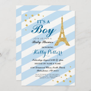 It's a Boy Blue Baby Shower Eiffel Tower Stripe Invitation