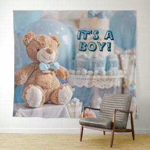 It's a Boy Blue Baby Shower Wall Backdrop Banner Tapestry