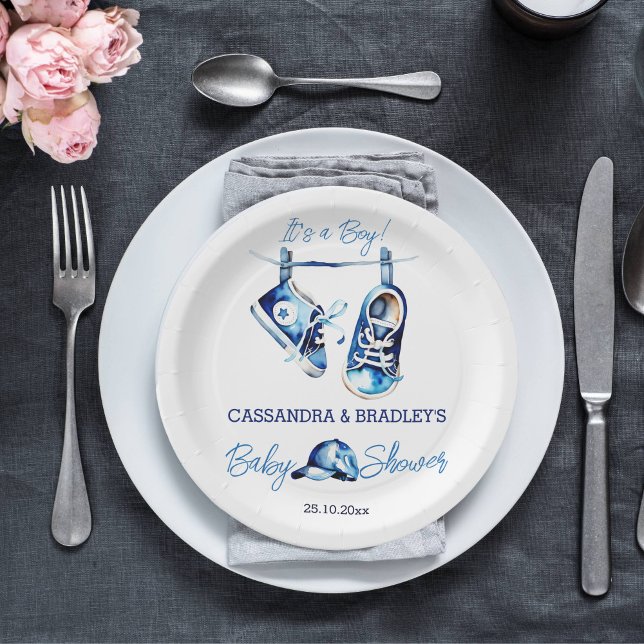 It's a boy blue baby sports shoe cap baby shower paper plate (Creator Uploaded)