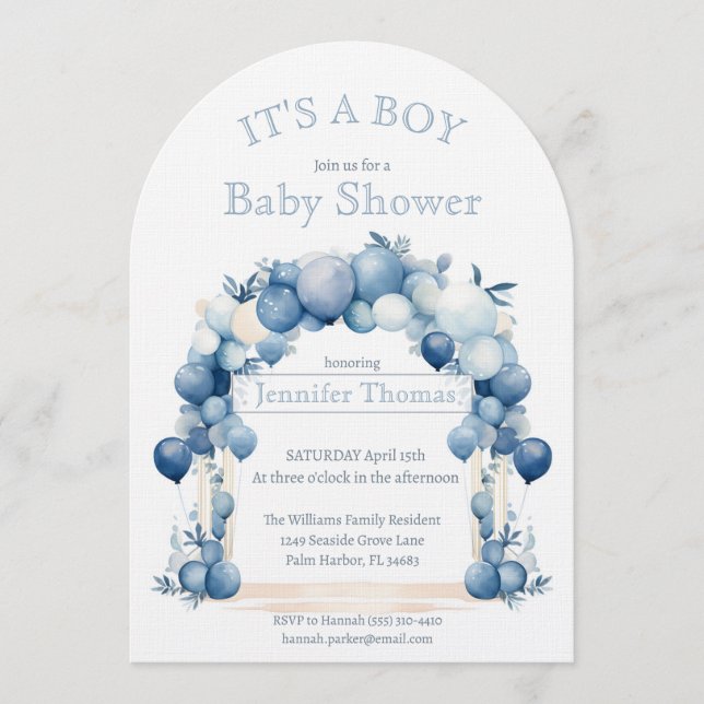 It's a BOY Blue Balloon Arch Baby Shower Invitation (Front)