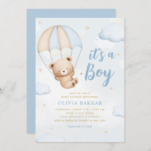 Its a boy blue balloon boho Teddy Bear baby shower Invitation