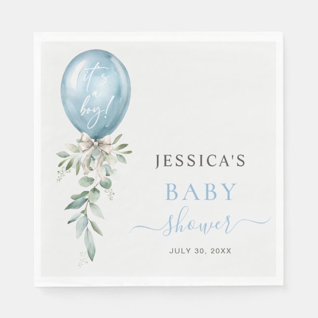 It's A Boy Blue Balloon Bow Greenery Baby Shower Napkin (Front)