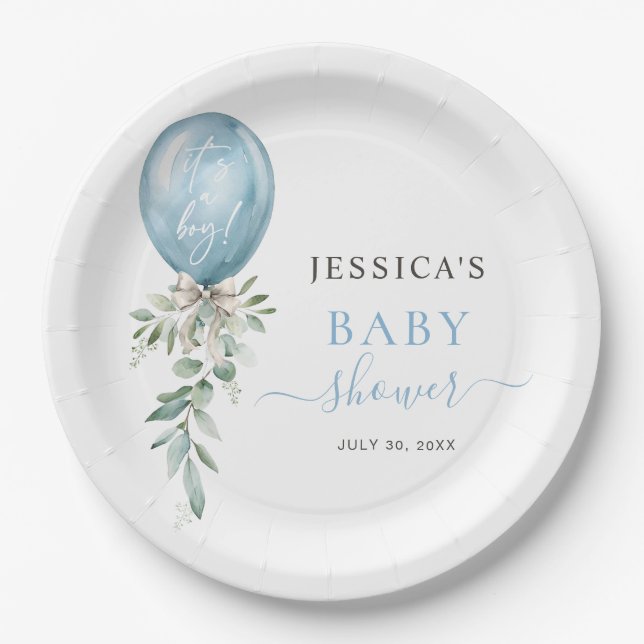 It's A Boy Blue Balloon Bow Greenery Baby Shower Paper Plate (Front)