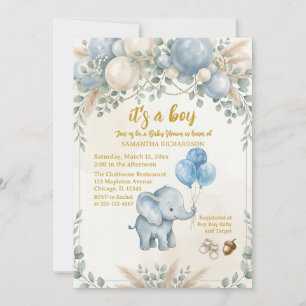 It's a boy blue balloon cute elephant baby shower invitation