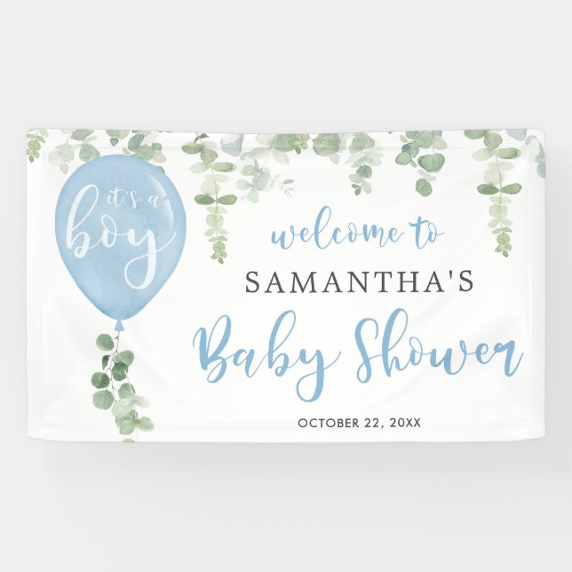 It's a boy blue balloon eucalyptus baby shower banner (Horizontal)
