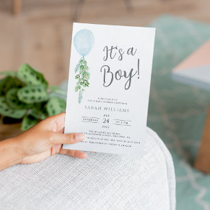 It's a Boy Blue Balloon Eucalyptus Baby Shower Invitation