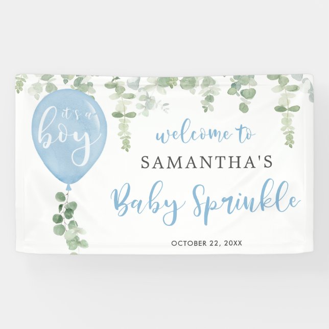 It's a boy blue balloon eucalyptus baby sprinkle b banner (Horizontal)