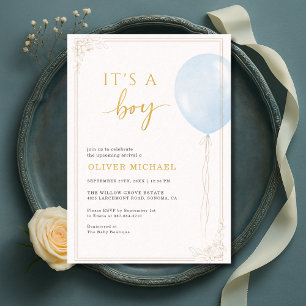 It's A Boy Blue Balloon Gold Floral Baby Shower Invitation