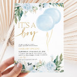 It's A Boy Blue Balloon Greenery Baby Shower  Invitation<br><div class="desc">It's a boy! Blue balloon,  greenery and faux gold baby shower invitation.</div>