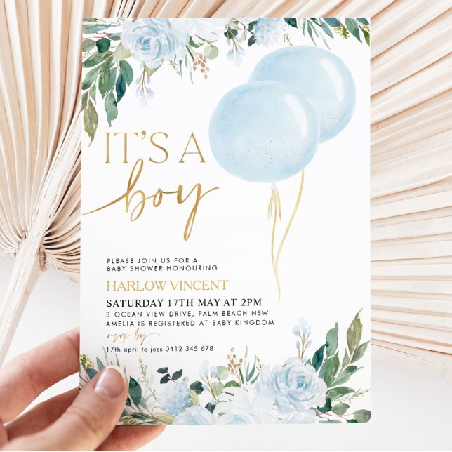It's A Boy Blue Balloon Greenery Baby Shower  Invitation (Creator Uploaded)