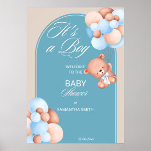 It's a boy blue beige balloons baby shower welcome poster