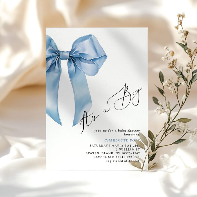 Its a boy Blue Bow Elegant Baby Shower Invitation (Creator Uploaded)