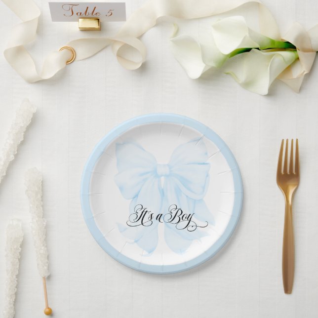 Its a Boy Blue Bow Modern Elegant Baby Shower Paper Plate (Wedding)