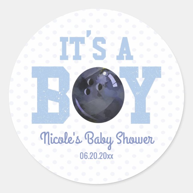 It's A Boy! Blue Bowling Ball Baby Shower Favour Classic Round Sticker (Front)