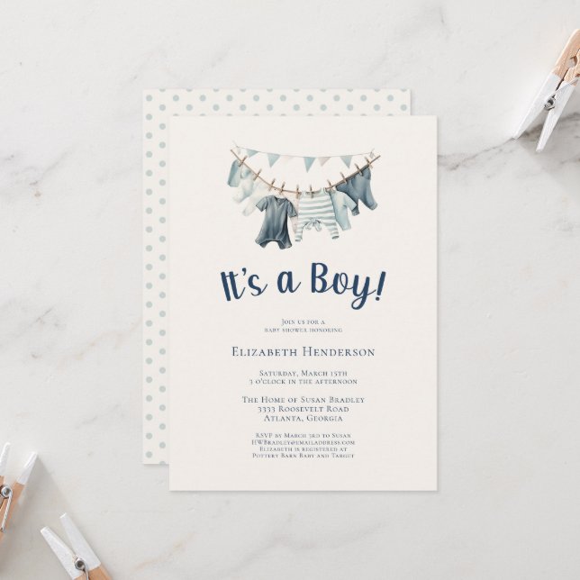 It's a Boy Blue Clothesline Baby Shower Invitation (Front/Back In Situ)