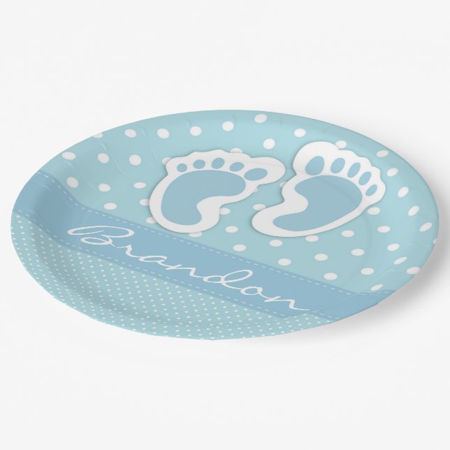Its A Boy Blue Feet White Polka Dots Pattern Paper Plate (Angled)