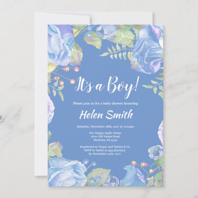 It's A Boy Blue Floral Baby Shower Invitation (Front)