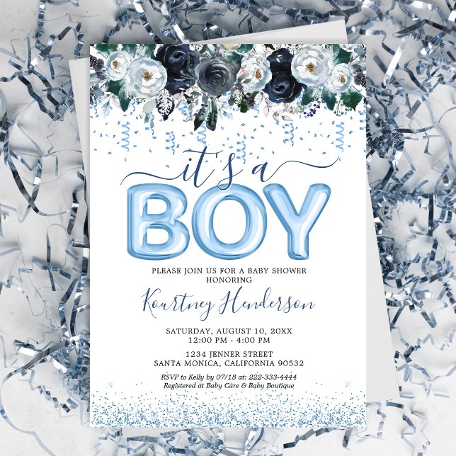 It's a Boy Blue Floral Baby Shower Invitation (Creator Uploaded)