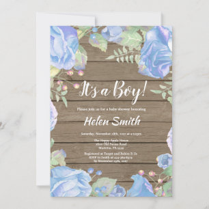 It's A Boy Blue Floral Baby Shower Rustic Wood Invitation
