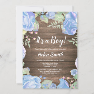 It's A Boy Blue Floral Baby Shower Rustic Wood Invitation