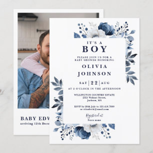 Its A Boy Blue Floral Photo QR Baby Shower Invitation