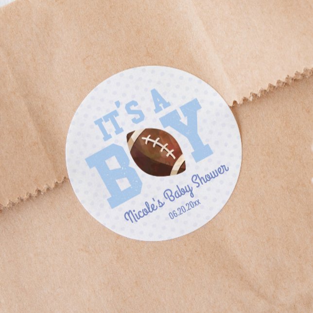 It's A Boy! Blue Football Baby Shower Party Favour Classic Round Sticker (Creator Uploaded)
