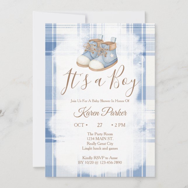 It's a Boy Blue Gingham Baby Shower Invitation (Front)