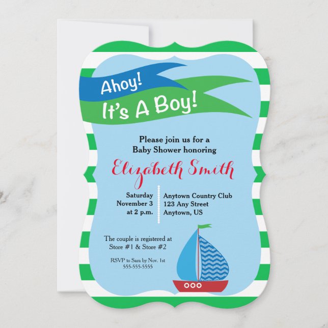 It's A Boy, Blue & Green Nautical Baby Shower Invitation (Front)