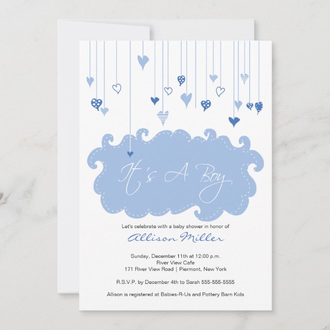 It's A Boy Blue Hearts Boy Baby Shower Invitation (Front)