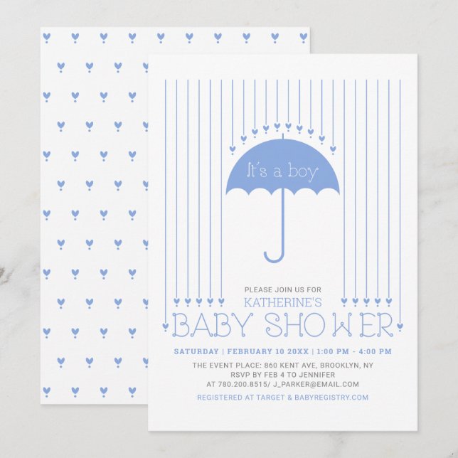 It's a boy | Blue Hearts & Umbrella Baby Shower Invitation (Front/Back)
