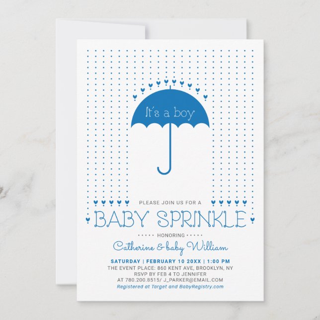 It's a boy | Blue Hearts & Umbrella Baby Sprinkle Invitation (Front)