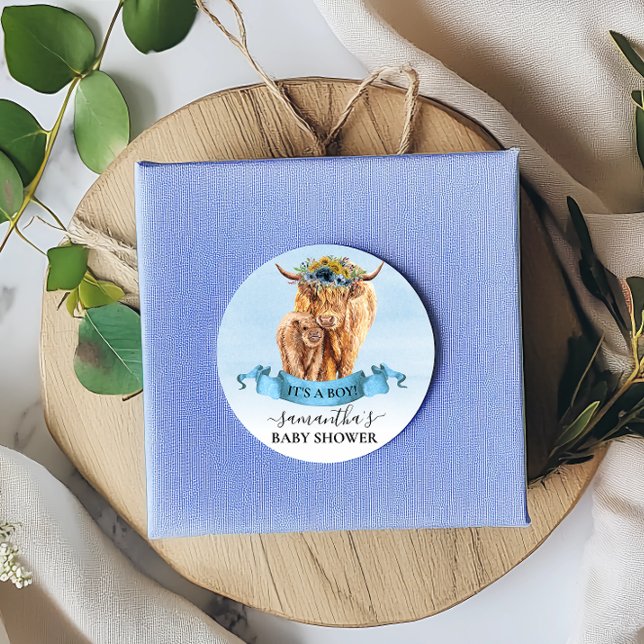 It's a Boy Blue Highland Cow Calf Baby Shower    Classic Round Sticker (Creator Uploaded)